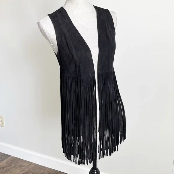 Lamarque Sonia Black Suede Leather Fringe Vest XS